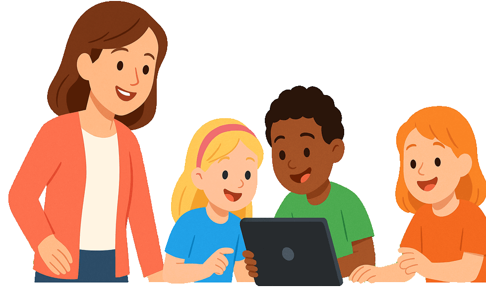 Happy students and teachers around a tablet